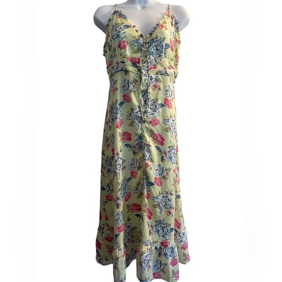 “Vintage Forever 21 Y2K Floral Midi Dress | Green Button Down Ruffle Slip Lined - Picture 8 of 8